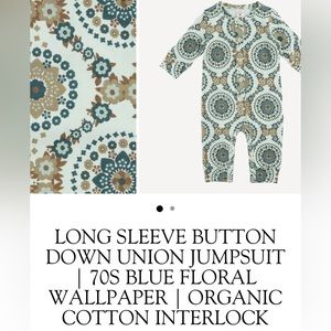 Long sleeve button down union suit jumpsuit outfit romper blue floral wallpaper